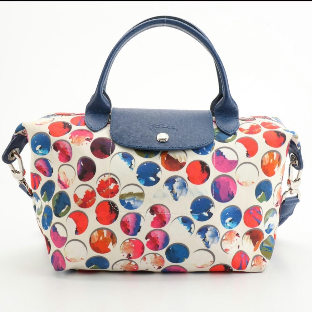 Longchamp Multicolor Dot Print Canvas with Blue Leather Two Way Tote Bag